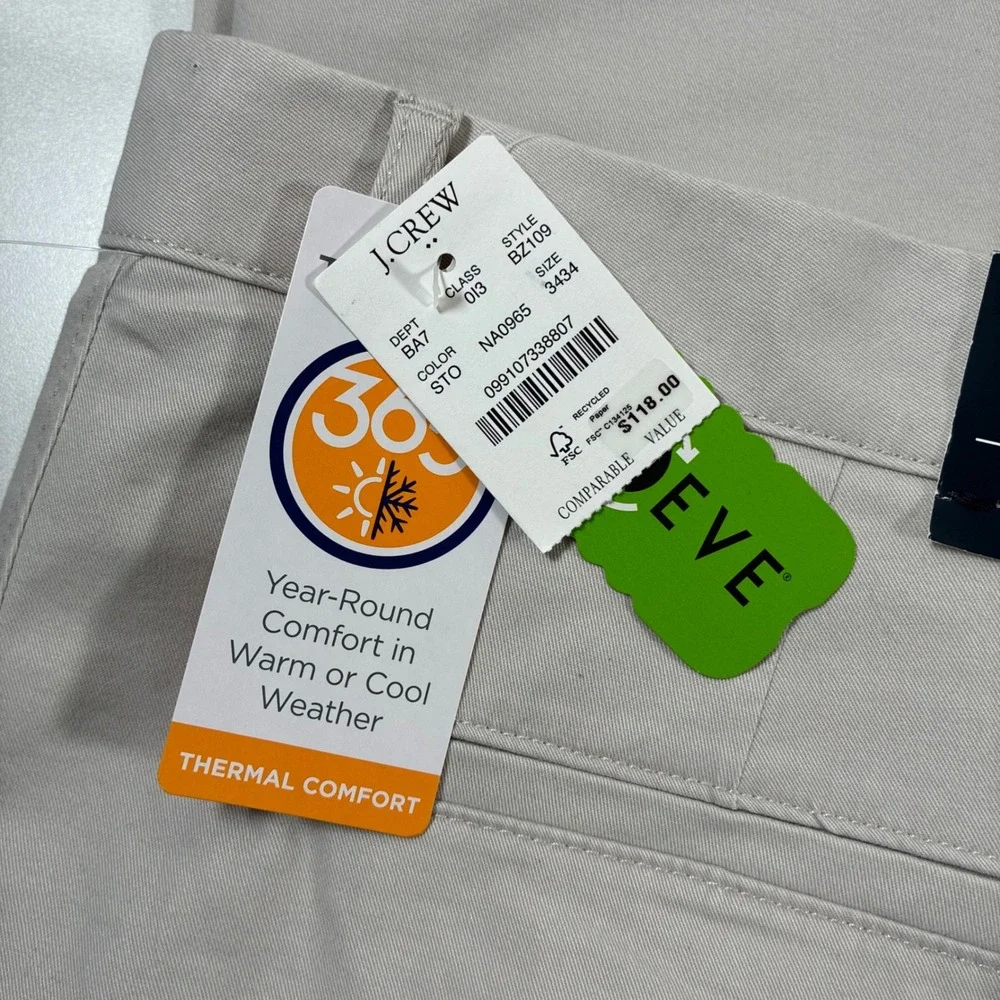 NEW J.Crew Chino Pants 34x34 Stone Flex Slim TruTemp365 Performance Stretch